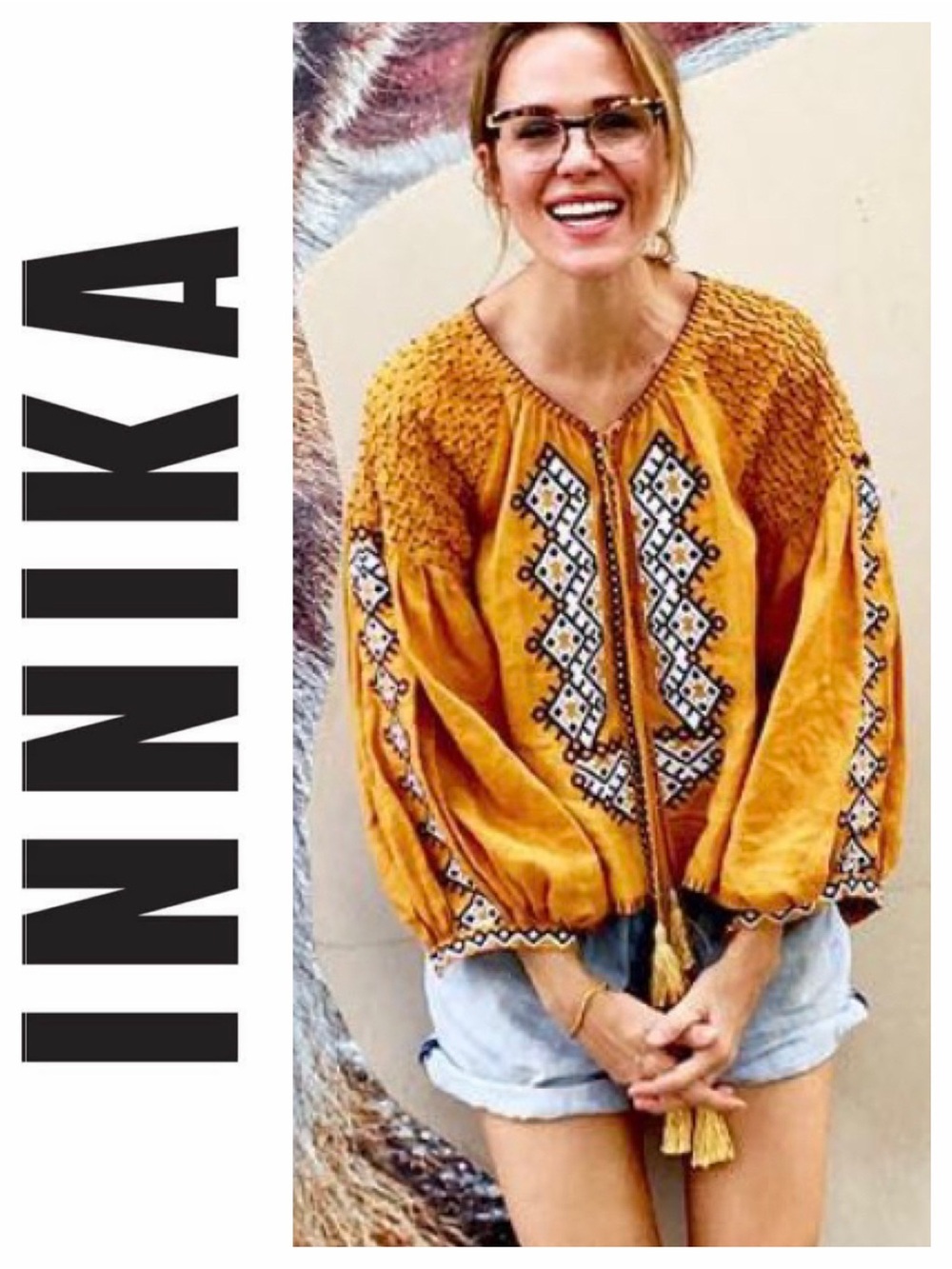 Innika Choo Embroidered Linen Smock Top with Tie Belt One Size